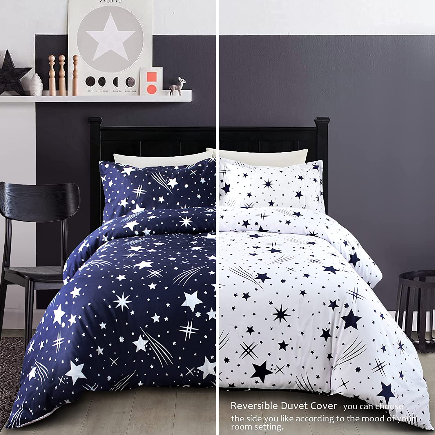 Quality Dream Star Duvet  Set, Comforter Set Luxury Soft Bedding, Space Theme Kids Quilt Cover (Blue White, 1 bedsheet & 2 Pillowcases, Twin Size)