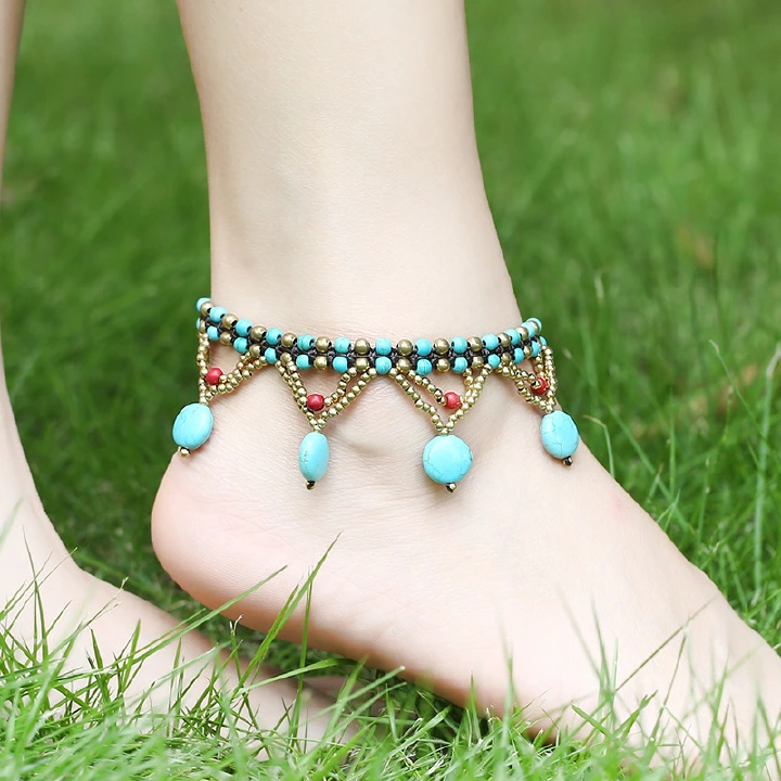 Europe and America Bohemian style bracelet anklet jewelry turquoise round cake beach trend anklet hand woven beaded accessories women's foot decoration