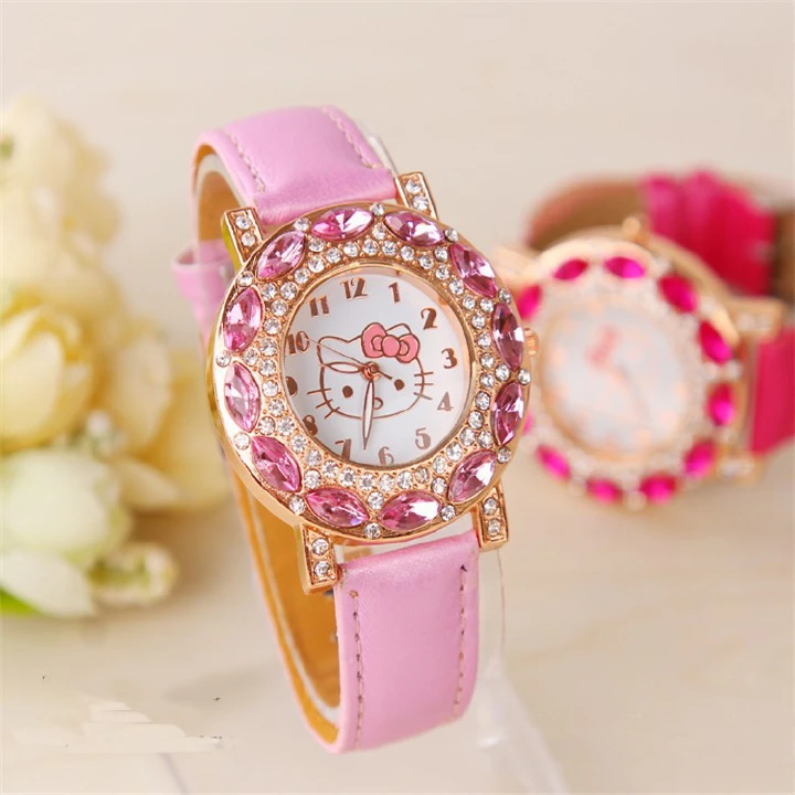 Children's Student Cartoon KT Cat Watch Male and Female Student Fashion Belt Diamond Women's Quartz Watch Popular Cute Jewelry Watch