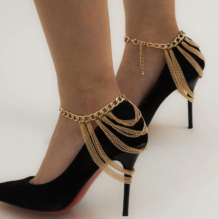 European and American temperament, multi-layer tassel hip-hop anklet and ankle loop, exaggerated personality, fashionable geometric metal chain, shoe chain jewelry