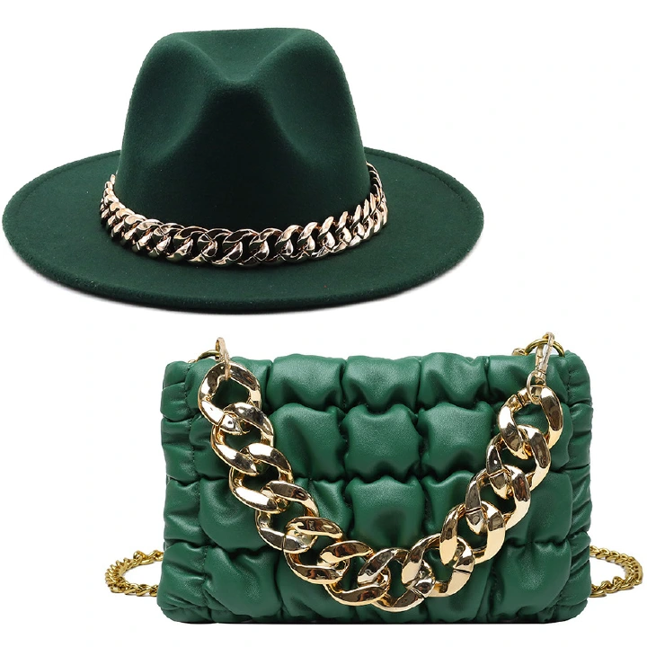 2023 New British style woolen jazz top hat men's and women's European and American large brim hat chain large brim felt hat bag set