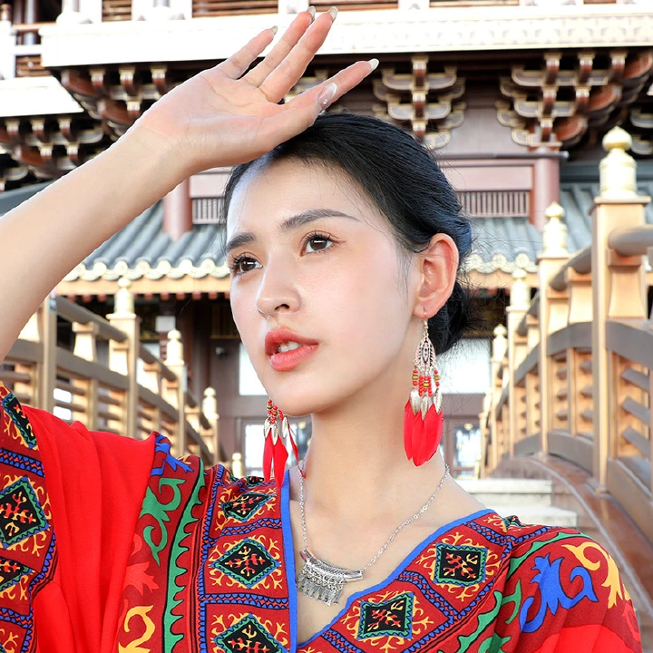 Water Drop Tassel Feather Earrings Women's Long Bohemian Mizhu European and American Earrings Ethnic Style Tourism Holiday Accessories
