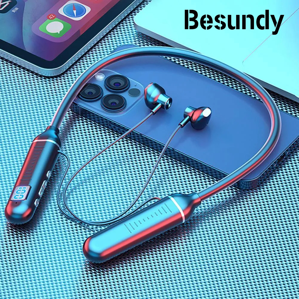 【Besundy】Wireless Sports Earphone Neckband Headphones Bluetooth LED Display Stereo HIFI Headset Sports Waterproof Earplugs Noise Reduction Earpods With High-capacity Battery