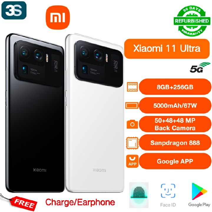 Refurbished Phone Xiaomi 11 Ultra (Original Screen) Smart Phone 5G Dual SIM 8GB+256GB Snapdragon 888 50+48+48MP 120Hz 5000mAh 67W Fast Charge Rear Camera 20MP Front Camera Dual SIM 8K video