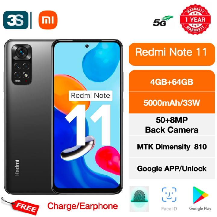 Brand New Xiaomi Redmi Note 11,Smart Phone 4GB+128GB FHD+6.5 Inch Support Expandable MicroSD(TF) 4G-LTE 50MP 90Hz 5000mAh MTK-G88 18W Charge Dual SIM Side fingerprint 181g