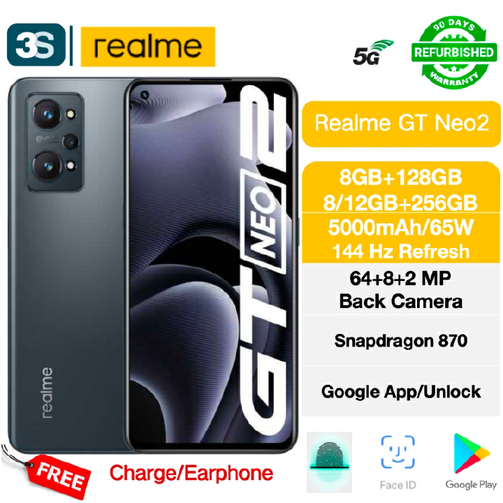 Refurbished Phones Realme GT Neo 2 5G 6.62'' AMOLED 120Hz(Original Screen) Dual SIM Fingerprint(Normal)5000 mAh 65W wired Snapdragon 870 64+8+2MP Main Camera