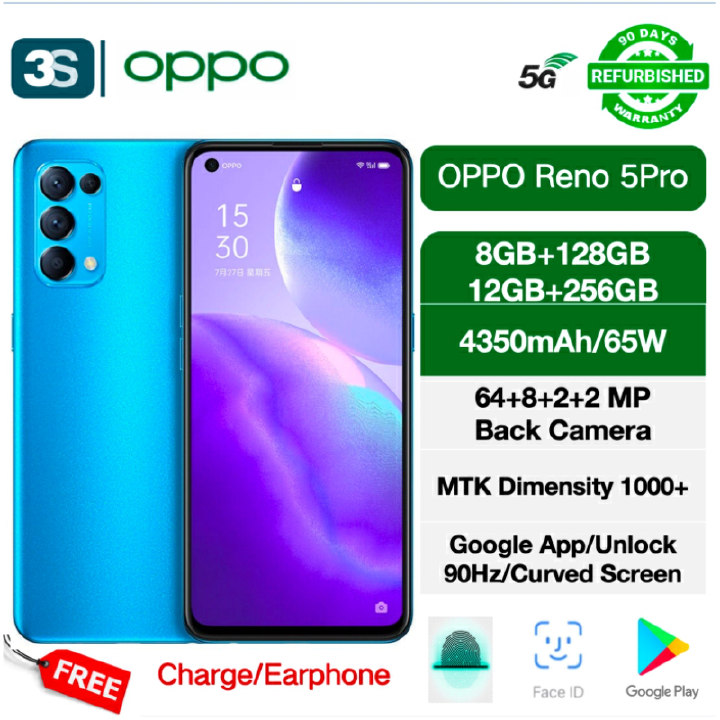 Refurbished OPPO Reno 5 Pro(Reno 5pro) 5G 6.55'' Dual SIM 128GB/256GB OLED Curved 90Hz Refresh Rate Screen Fingerprint Unlock MTK 1000+ 4350mAh  Back Camera 64+8+2+2MP Front Camera  32MP