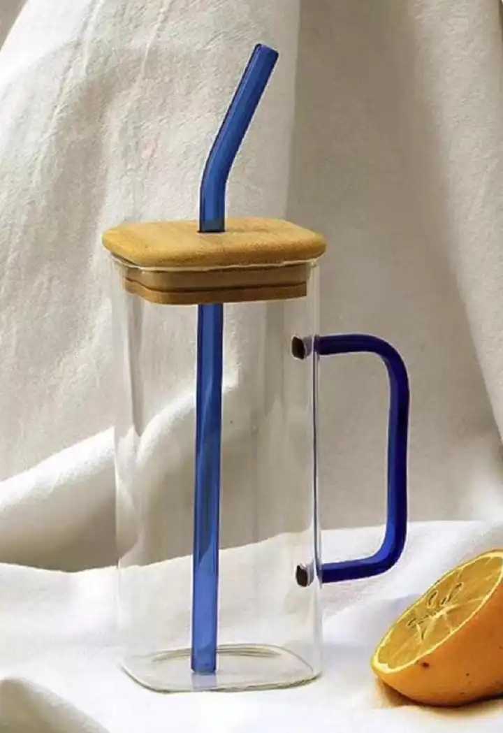 Square smoothie glass cup with bamboo lid-380ML 380ml