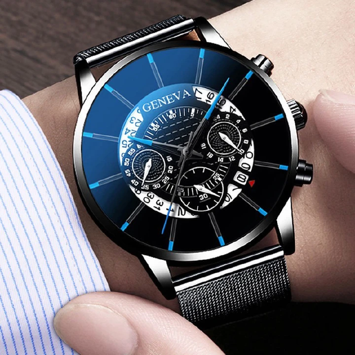 2023 Explosive - Geneva watch men's fashion business calendar watch blue stainless steel mesh band analog quartz watches