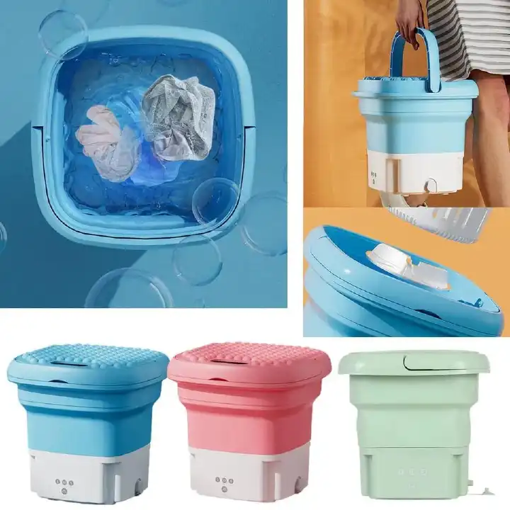 Foldable mini washing machine Portable washer dryer combo, Blue light sterilization can cover 360°,clean rate is as high as 99.99%. Washing tub set time between 5 or 10 minutes  And the other button
