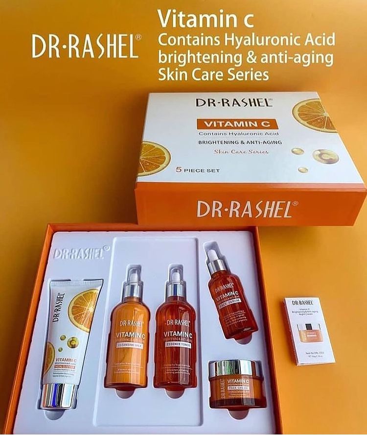 5 Pack Dr Rashel Vitamin C  Serum, Toner, Facial Cleanser, Cleansing Milk Skin Care 5 Items, Contains Hyaluronic Acid, Anti Aging and Collagen Essence ( Pack Of 5 Piece Set ) Dr. Rashel Skin Care Set