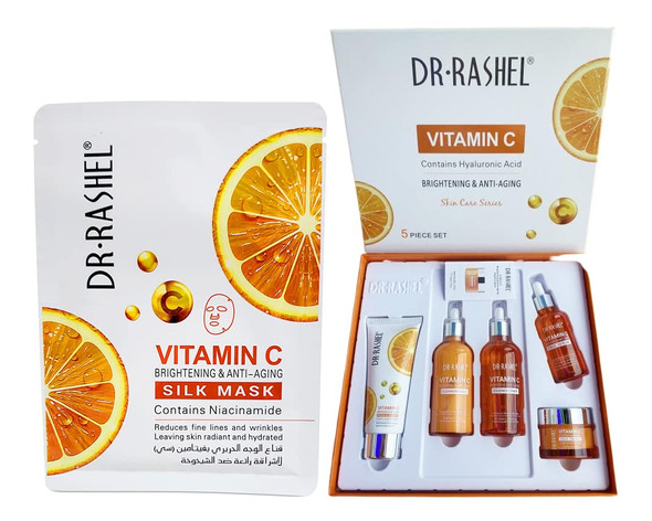 5 Pack Dr Rashel Vitamin C  Serum, Toner, Facial Cleanser, Cleansing Milk Skin Care 5 Items, Contains Hyaluronic Acid, Anti Aging and Collagen Essence ( Pack Of 5 Piece Set ) Dr. Rashel Skin Care Set