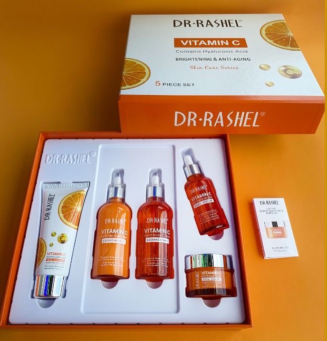 5 Pack Dr Rashel Vitamin C  Serum, Toner, Facial Cleanser, Cleansing Milk Skin Care 5 Items, Contains Hyaluronic Acid, Anti Aging and Collagen Essence ( Pack Of 5 Piece Set ) Dr. Rashel Skin Care Set