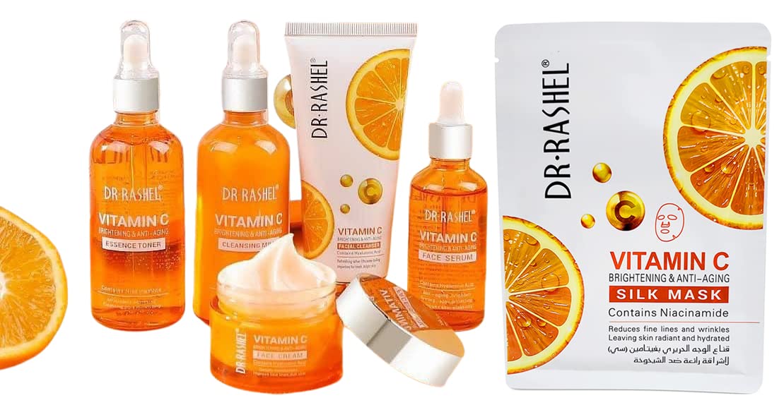 5 Pack Dr Rashel Vitamin C  Serum, Toner, Facial Cleanser, Cleansing Milk Skin Care 5 Items, Contains Hyaluronic Acid, Anti Aging and Collagen Essence ( Pack Of 5 Piece Set ) Dr. Rashel Skin Care Set