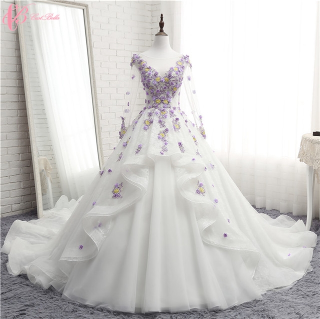 Hot Cake Light Purple Long Sleeve Wedding Dress Hand Made 3d