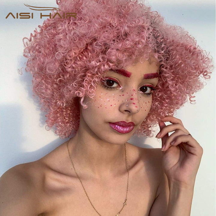 Afro Short Curly Wig For Black Women Pink Color Dark Roots Synthetic Heat Resistant Fiber Wigs Pink 12 Inches