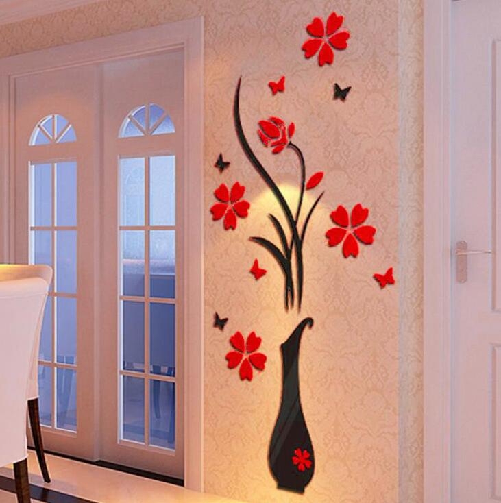 Colorful Flower Vase 3d Acrylic Decoration Wall Sticker Diy Art Wall Poster Home Decor Wallstick Red Flower Black Bottle S