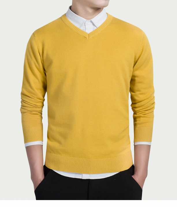 Cotton Sweater Men Long Sleeve Pullovers Outwear Man V,Neck sweaters Tops Knitting Clothing 8 Colors yellow XXL