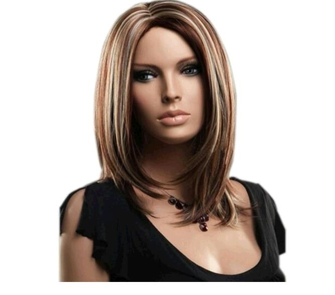 Women Mid Wig Brown Mid Long Straight Hair Side Bang Bobo Short