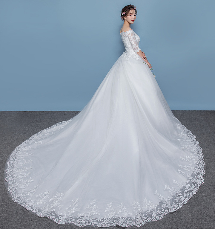 New Slim Slash Neck Bride S Wedding Dresses Luxurious Long Tail