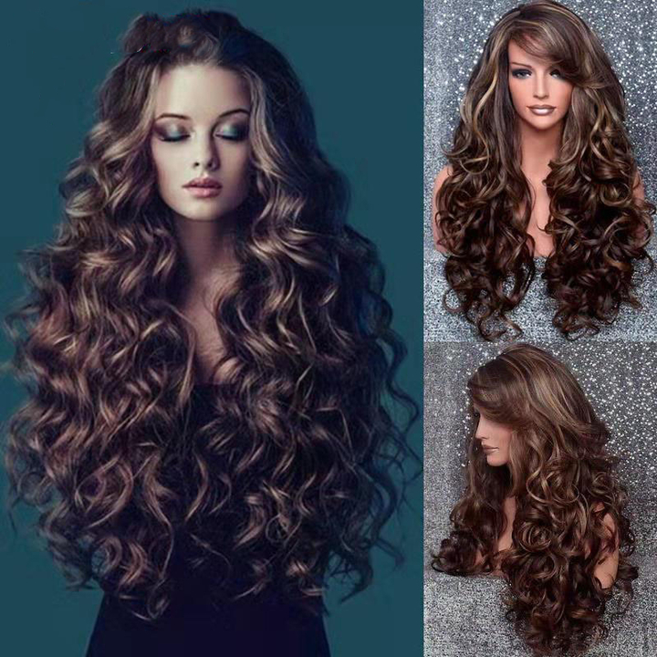 Women S Long Curly Hair Wavy Synthetic Fluffy Cos Brown Wig High
