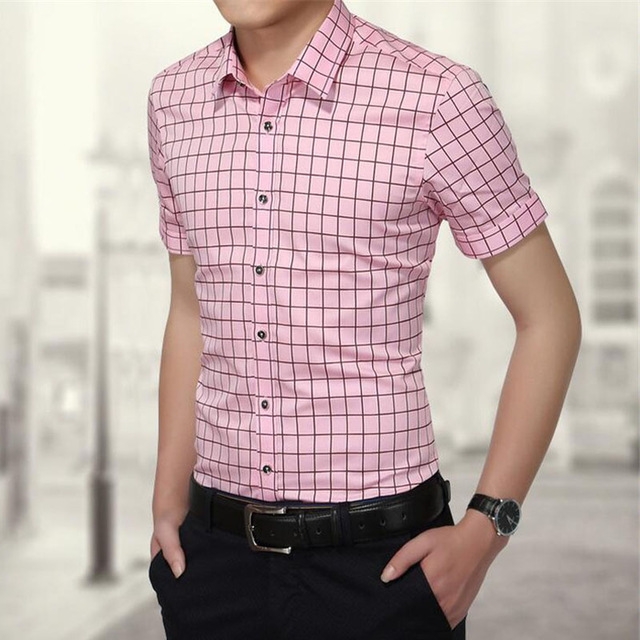 Short Sleeve Shirt Men Fashion Plaid Shirts Cotton Slim Mens Dress Brand Clothing Pink L Short Sleeve Shirt Men Fashion Plaid Shirts Cotton Slim Mens Dress Brand Clothing Pink L