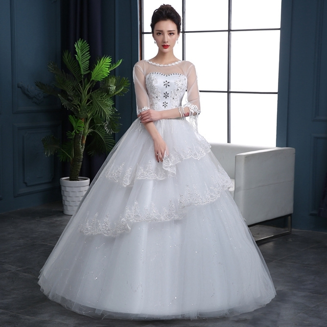 2017new Style Wedding Dress Shoulder Sleeves Lace Flowers Korean